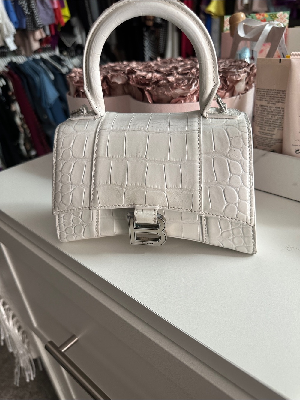 Balenciaga White Croc-Embossed Hourglass XS Top Handle Bag